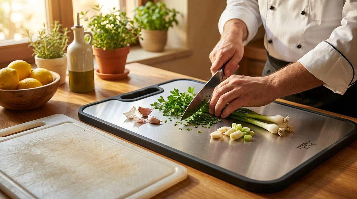 TitanChef stainless steel cutting board, daily microplastics from a plastic cutting board