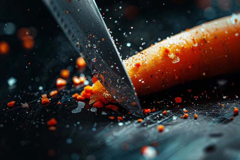 Dark close-up of a knife cutting a carrot on a stainless steel cutting board, illustrating the plastic-free, hygienic TitanChef cutting board