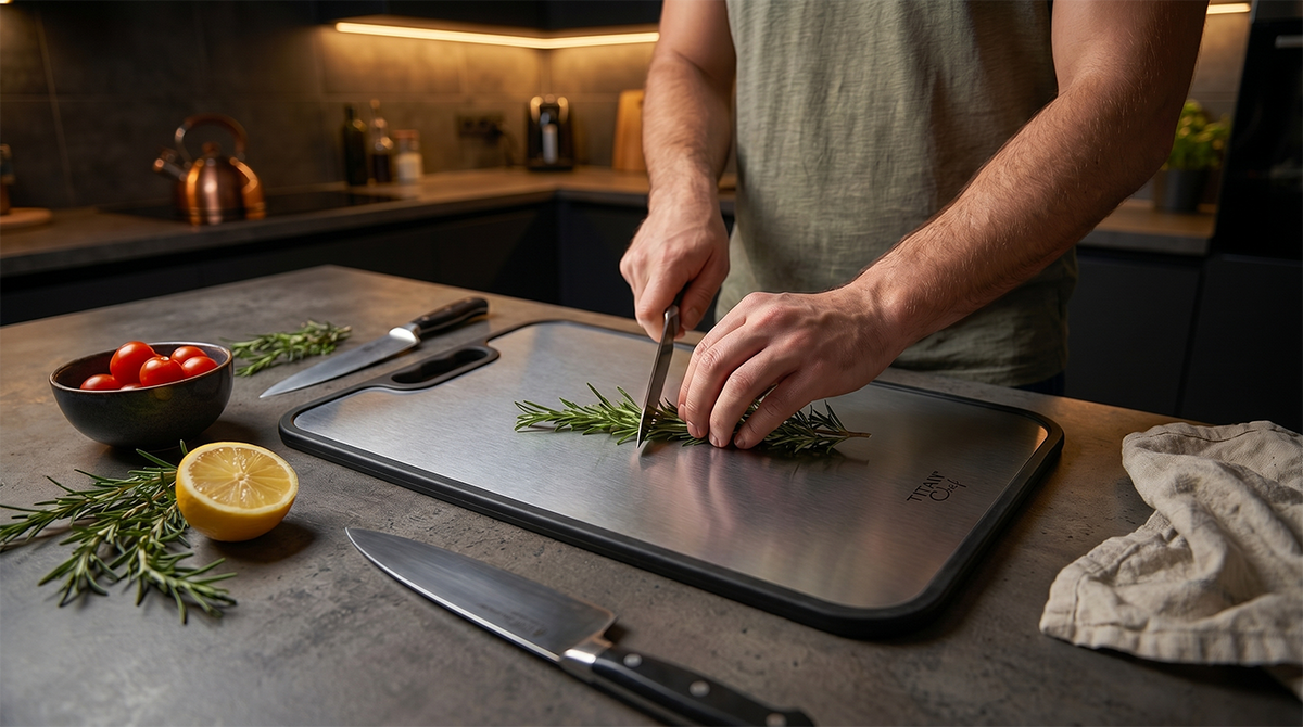TitanChef stainless steel cutting board in the kitchen